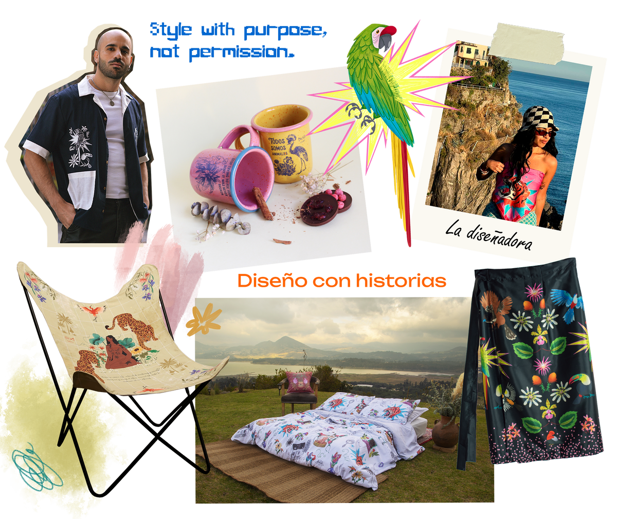 Collage de Brisato Studio: la diseñadora, piezas para el hogar y prendas ilustradas